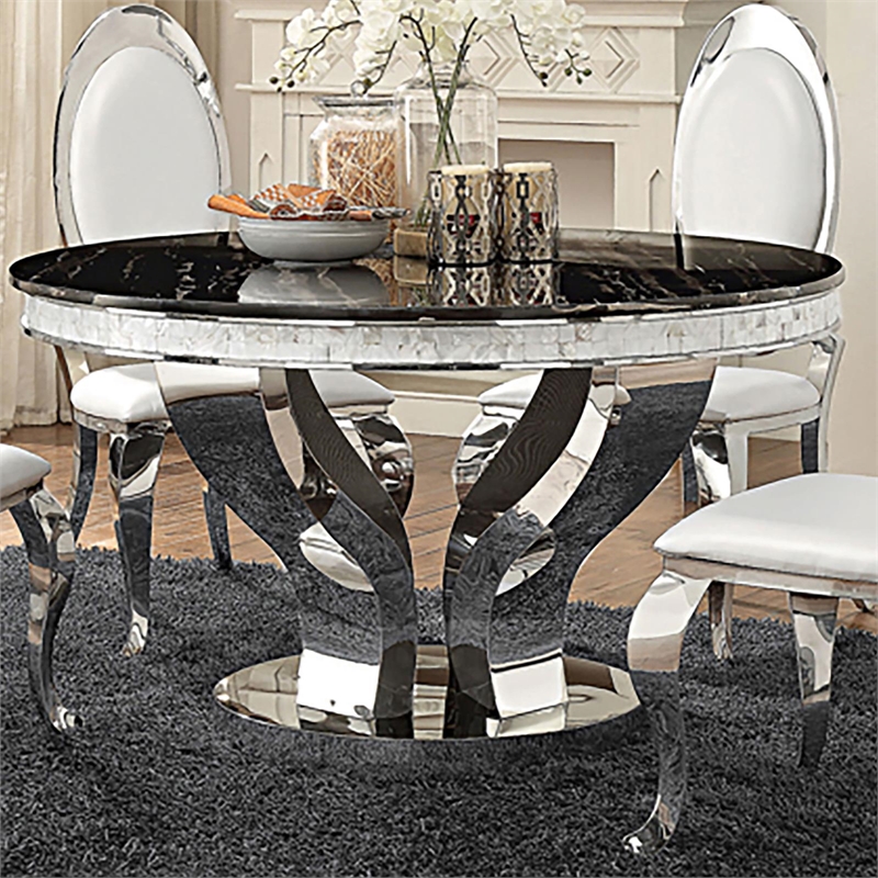 Homesphere Furniture Round Stainless Steel & Marble Dining Table in Chrome/Black