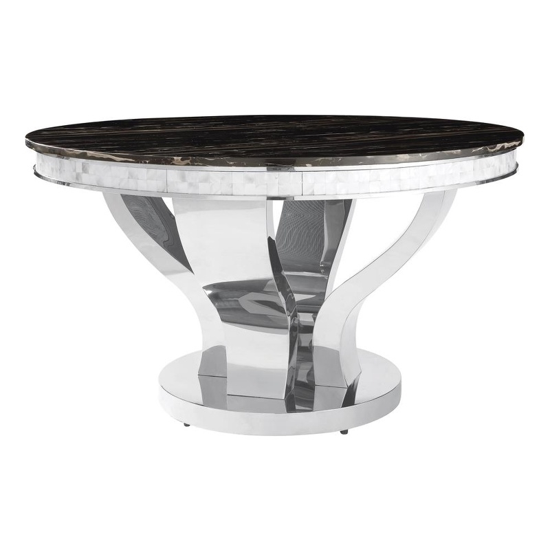 Homesphere Furniture Round Stainless Steel & Marble Dining Table in Chrome/Black