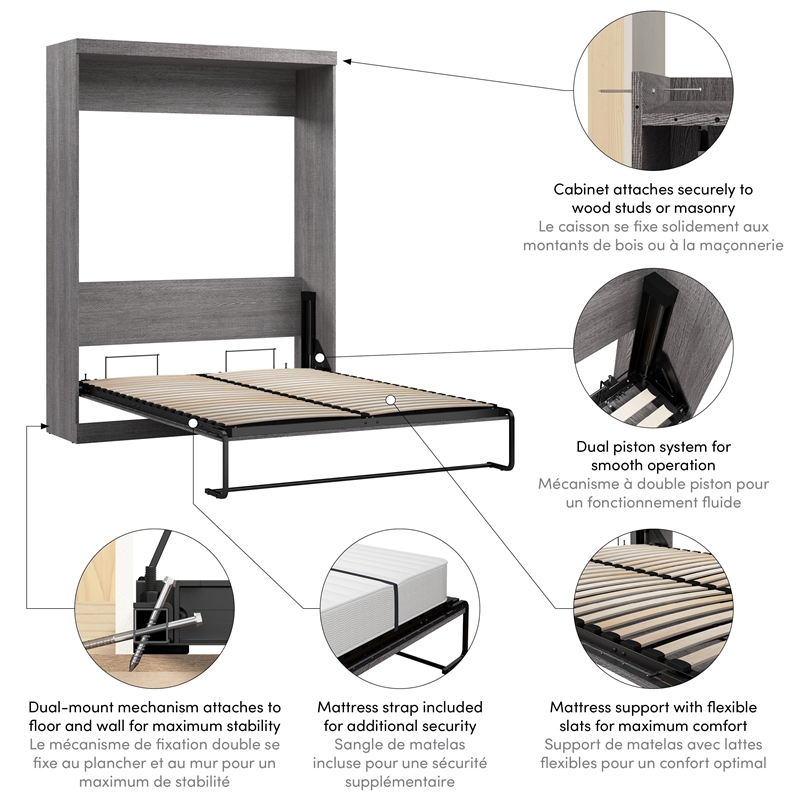 Homesphere Furniture 65W Transitional Engineered Wood Queen Wall Bed - Bark Gray