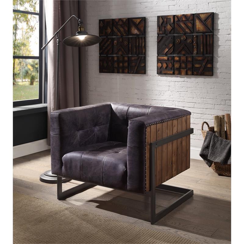 Homesphere Furniture Top Grain Leather Accent Chair - Antique Ebony & Rustic Oak