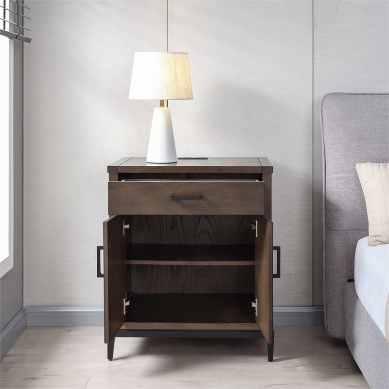 Homesphere Furniture Wood Nightstand Table w/ AC/USB - Coffee Bean/Black