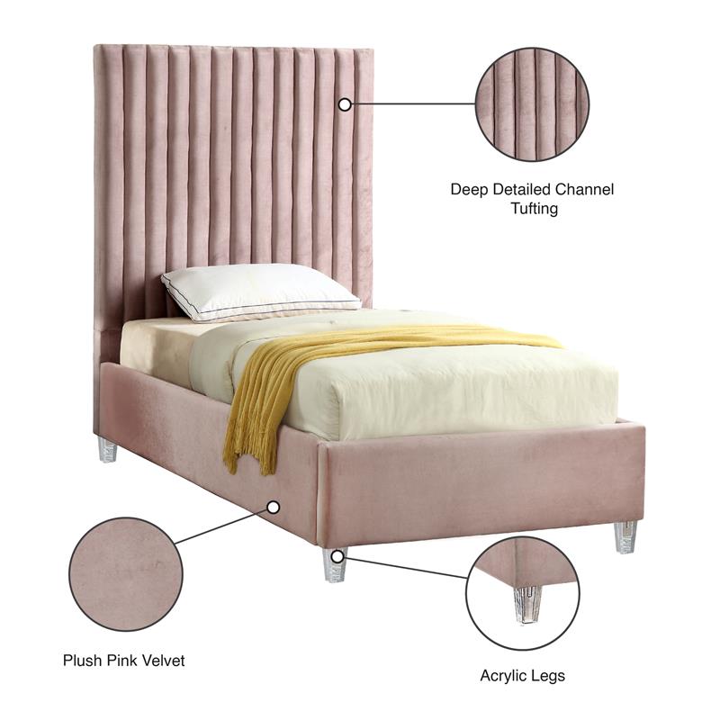 Homesphere Furniture Solid Wood Tufted Velvet Twin Bed in Pink