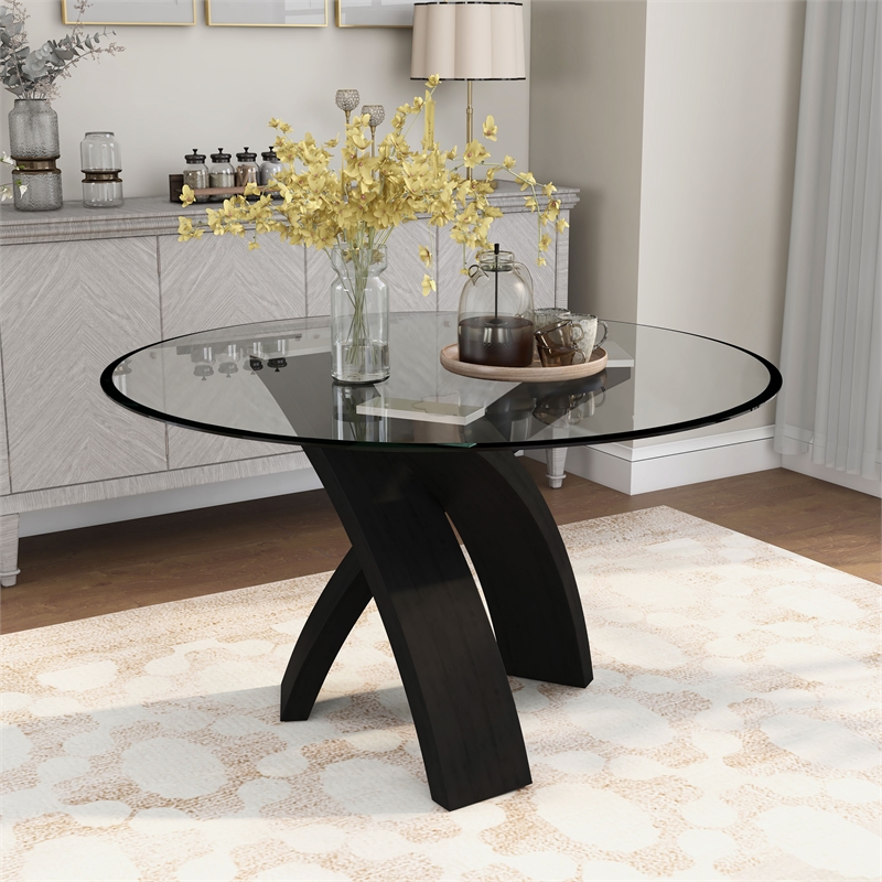 Homesphere Furniture Solid Wood Glass Round Dining Table in Black