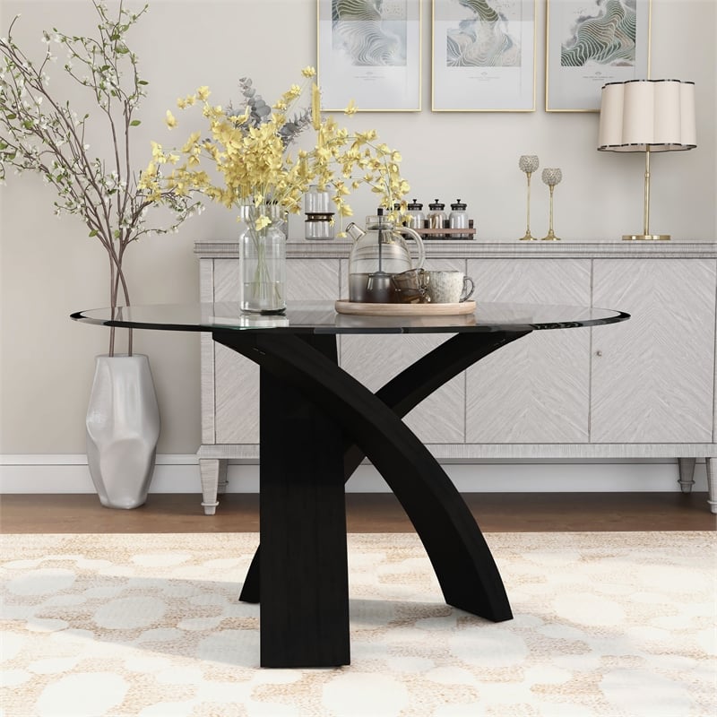 Homesphere Furniture Solid Wood Glass Round Dining Table in Black