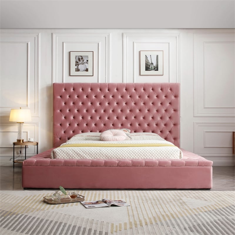 Homesphere Furniture Velvet Upholstered Platform King Bed in Pink