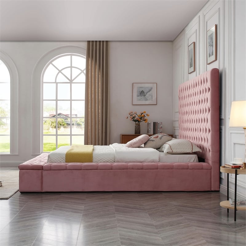 Homesphere Furniture Velvet Upholstered Platform King Bed in Pink
