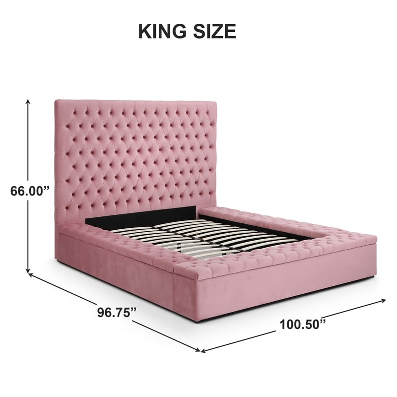 Homesphere Furniture Velvet Upholstered Platform King Bed in Pink
