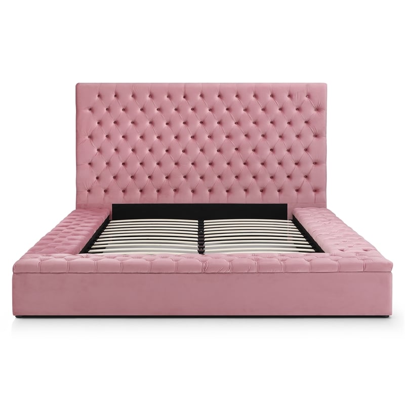 Homesphere Furniture Velvet Upholstered Platform King Bed in Pink