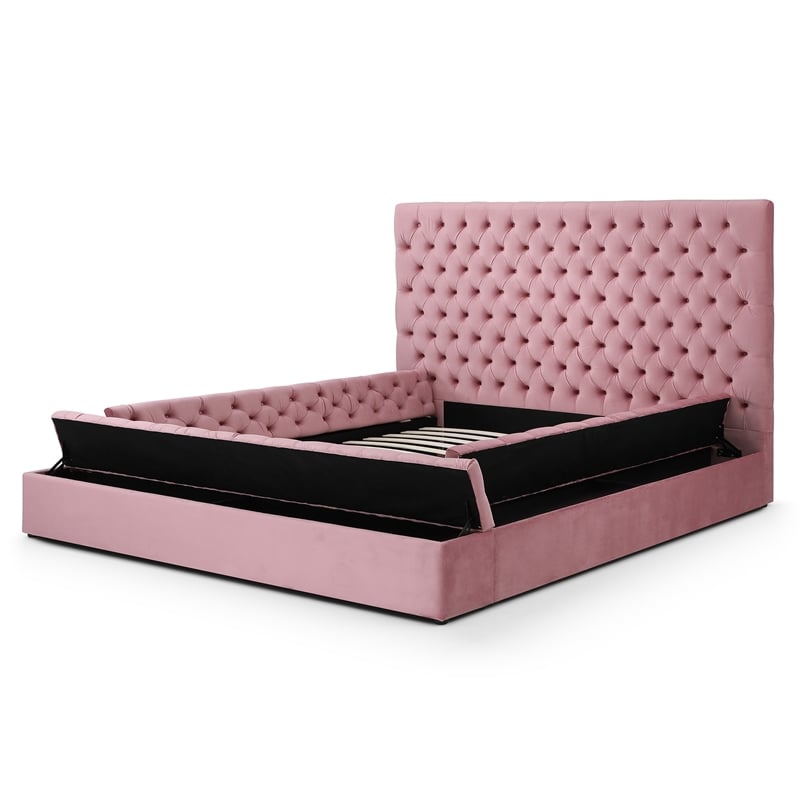 Homesphere Furniture Velvet Upholstered Platform King Bed in Pink
