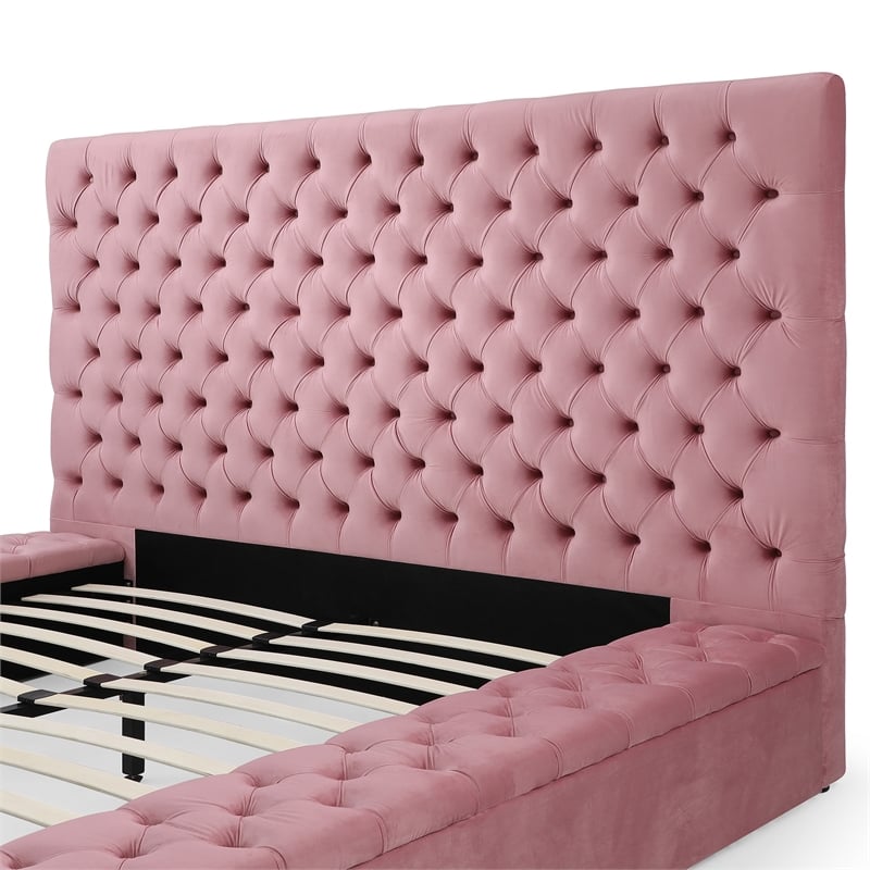 Homesphere Furniture Velvet Upholstered Platform King Bed in Pink