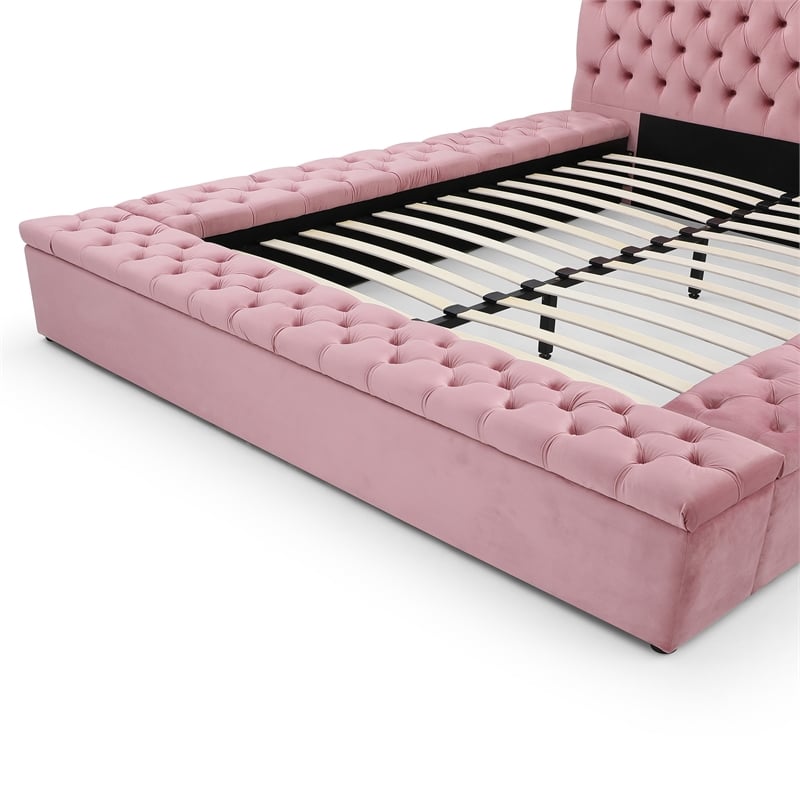 Homesphere Furniture Velvet Upholstered Platform King Bed in Pink