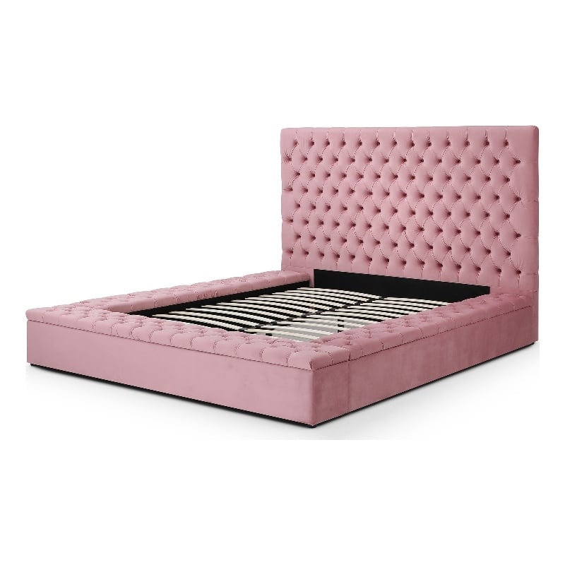 Homesphere Furniture Velvet Upholstered Platform King Bed in Pink