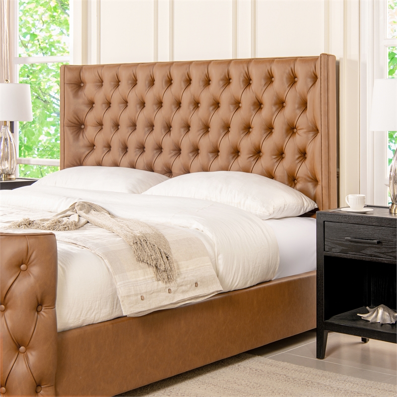Homesphere Furniture Tufted Bed King Caramel Tan Brown Faux Leather