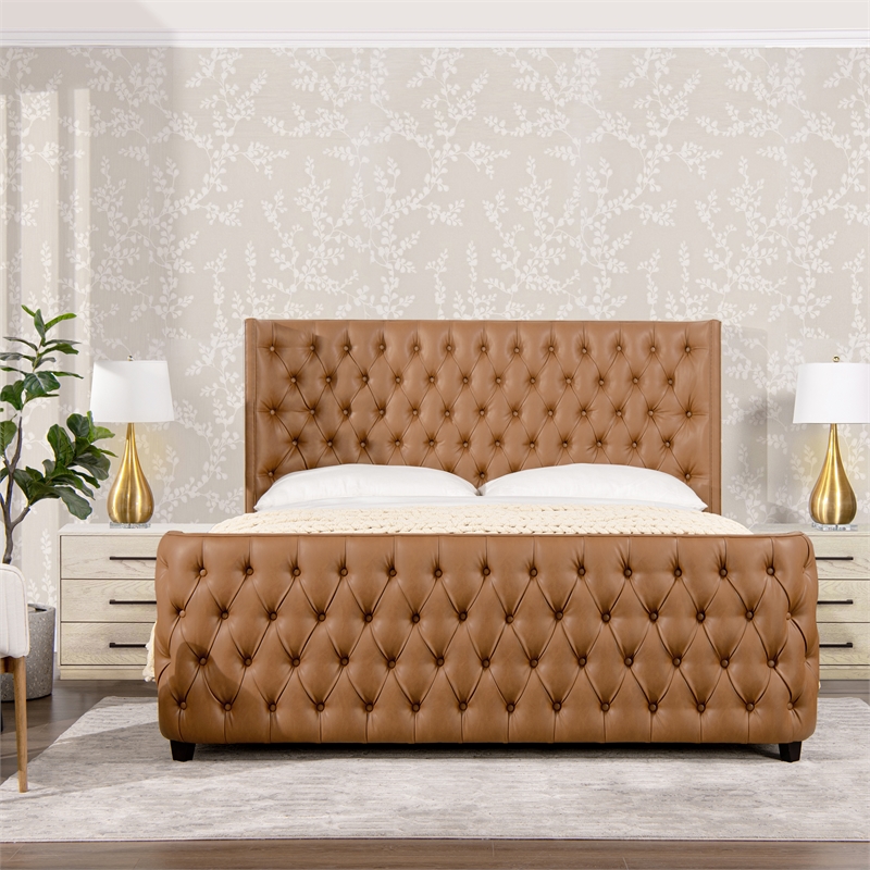 Homesphere Furniture Tufted Bed King Caramel Tan Brown Faux Leather