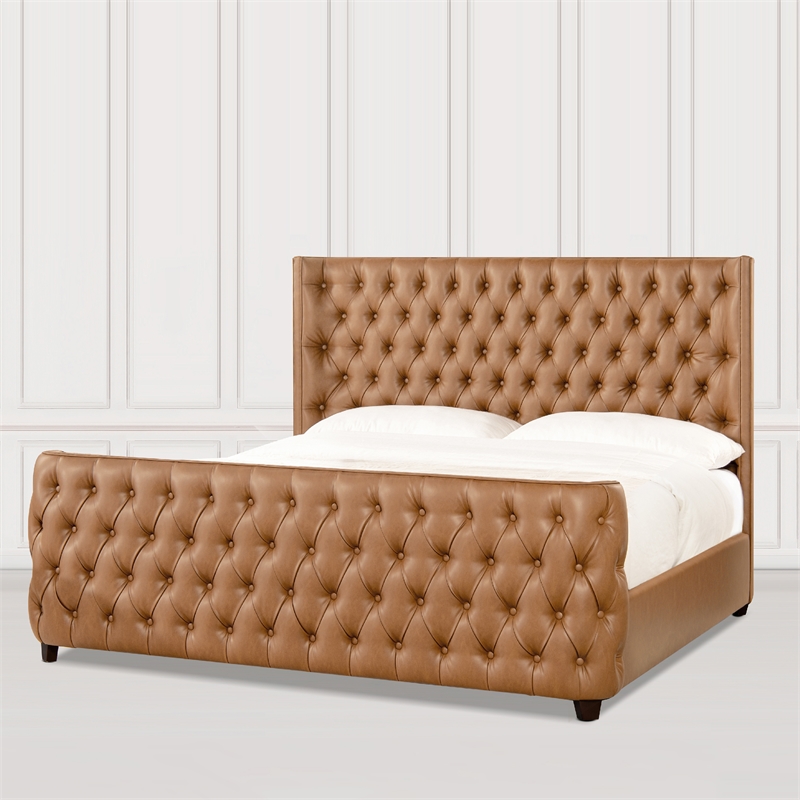 Homesphere Furniture Tufted Bed King Caramel Tan Brown Faux Leather