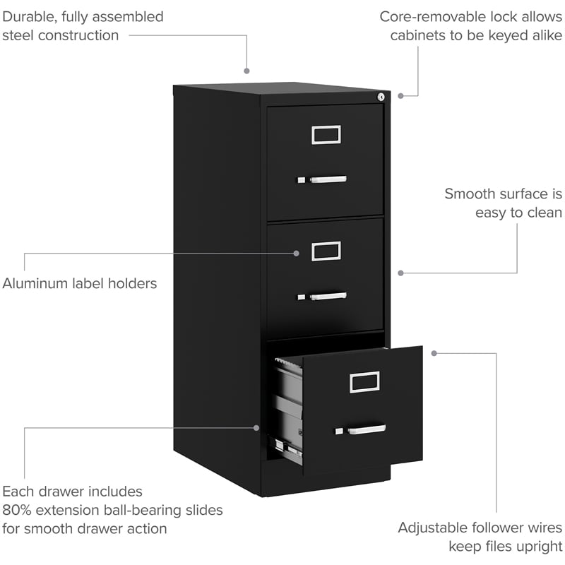 Homesphere Furniture 3 Drawer - Letter Width - Vertical File Cabinet - Black