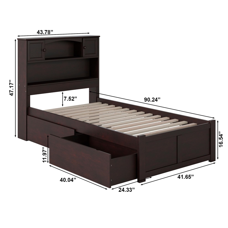 Homesphere Furniture Twin XL Solid Wood Bed with Storage Drawers in Gray