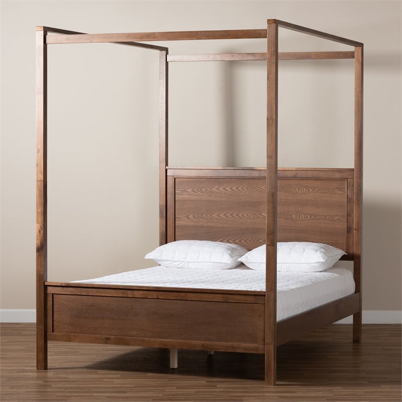 Homesphere Furniture Queen Size Walnut Finished Wood Platform Canopy Bed
