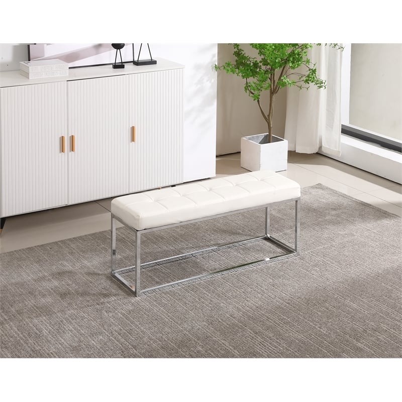 Plata Import Reign Tufted Metal Bench in White Faux Leather