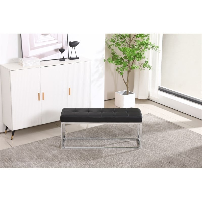 Plata Import Reign Tufted Metal Bench in Black Faux Leather
