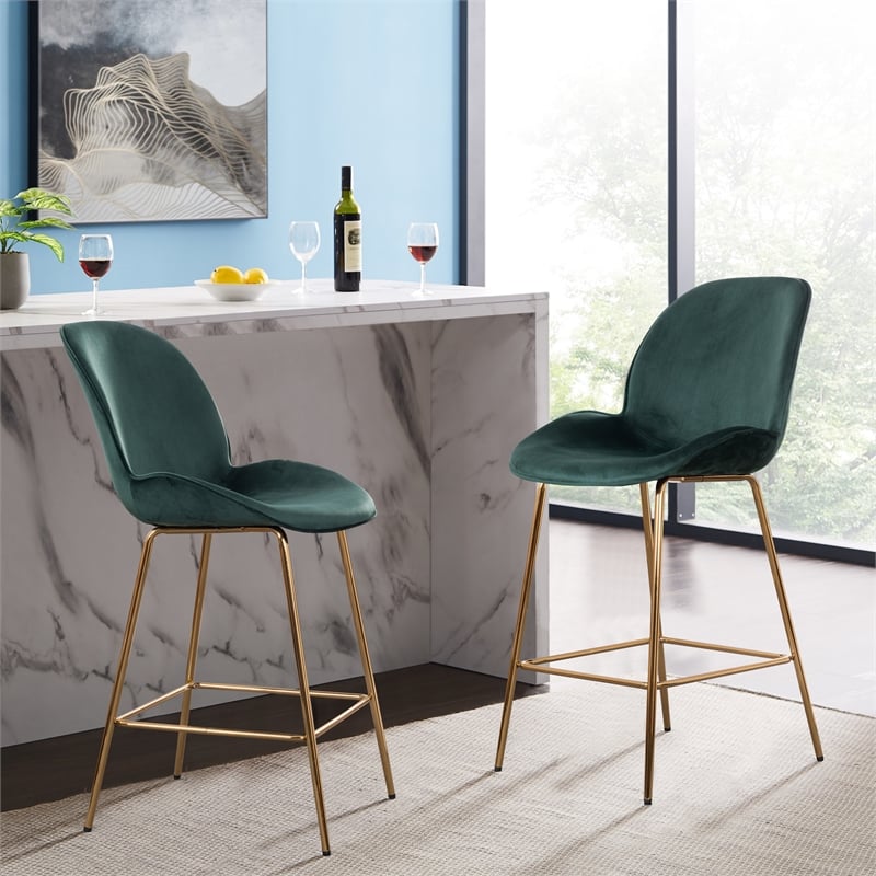 Plata Import Beetle Velvet 26-inch Bar Stool in Green and Grey (Set of 2)