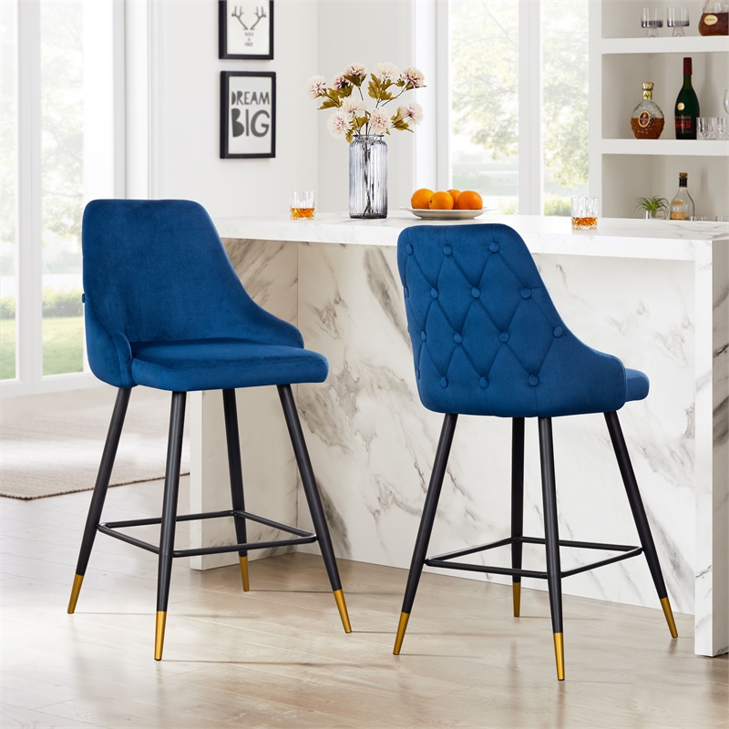 Plata Import Hammel Velvet Bar Stool in Blue (Set of 2)