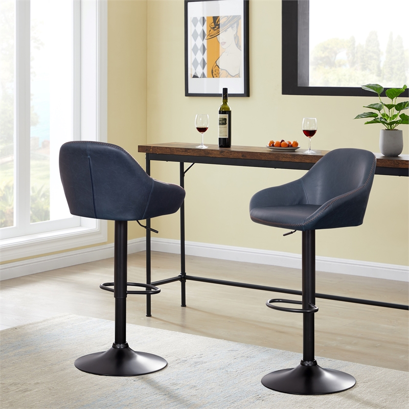 Plata Import Bodeaux Swivel Adjustable Height Bar Stool in Navy (Set of 2)