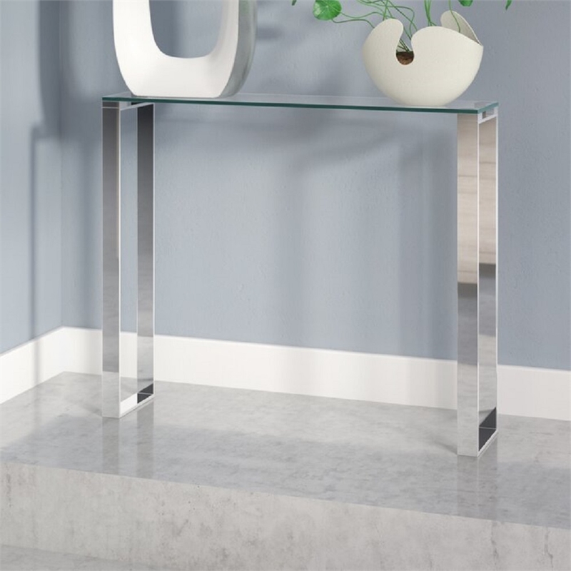 Plata Import Modern Narrow Clear Glass Console Table with Chrome Legs 36