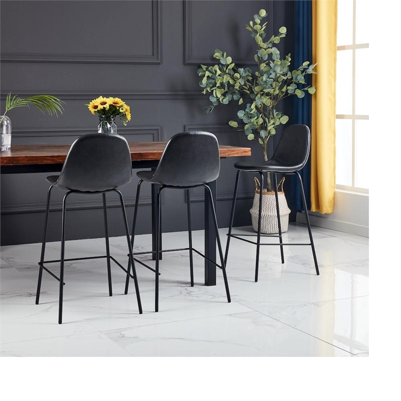 Martina Faux Leather Bar Height Stool with Kick Plate In Black (Set of 2)