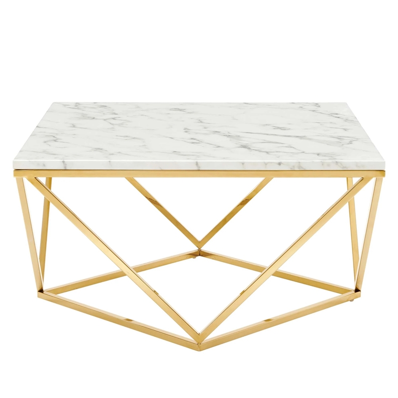 Vertex Gold Metal Stainless Steel Marble Coffee Table In Gold White