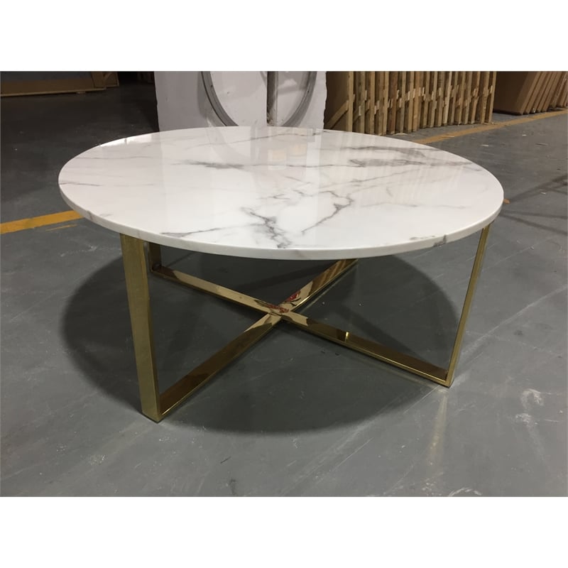 Rosi Gold Base Coffee Table With Marble Round Top In Grey White