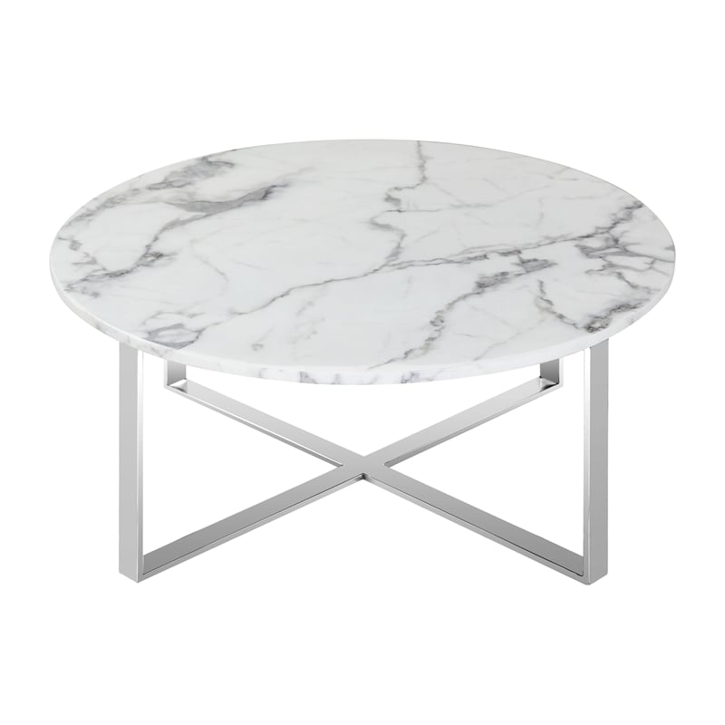 Rosi Chrome Base Coffee Table With Marble Round Top In Grey White