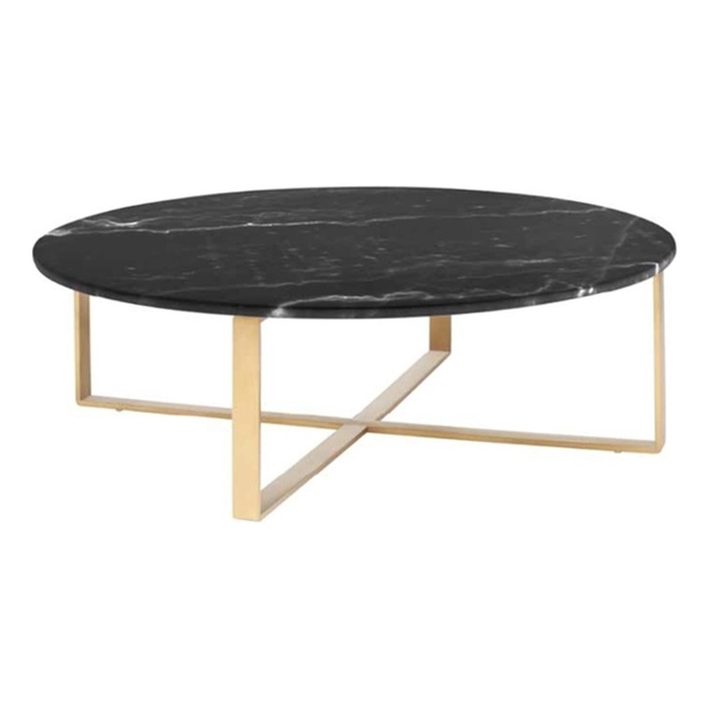 Rosi Gold Base Coffee Table With Marble Round Top In Black Gold