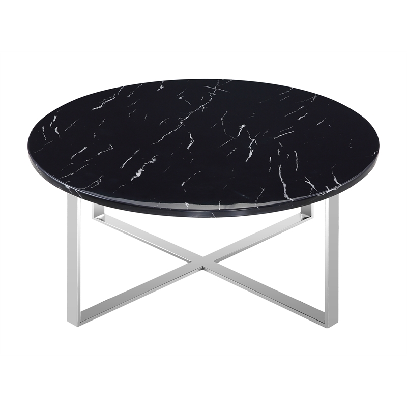 Rosi Chrome Cross leg Coffee Table With Marble Round Top In Black Chrome