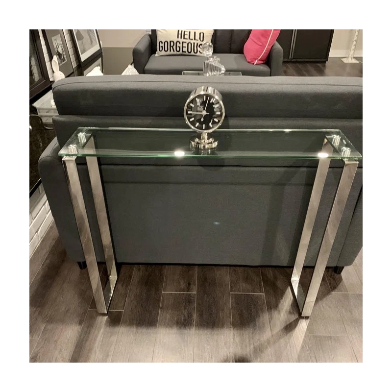 Carolina Clear Glass Top Console Table With Sleek Sled Design Chrome Metal Leg