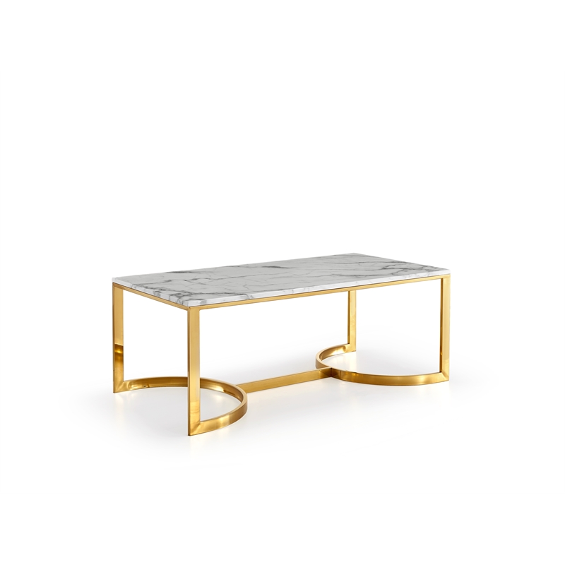 Vonda Gold Steel Base Rectangular Marble Coffee Table In Grey White