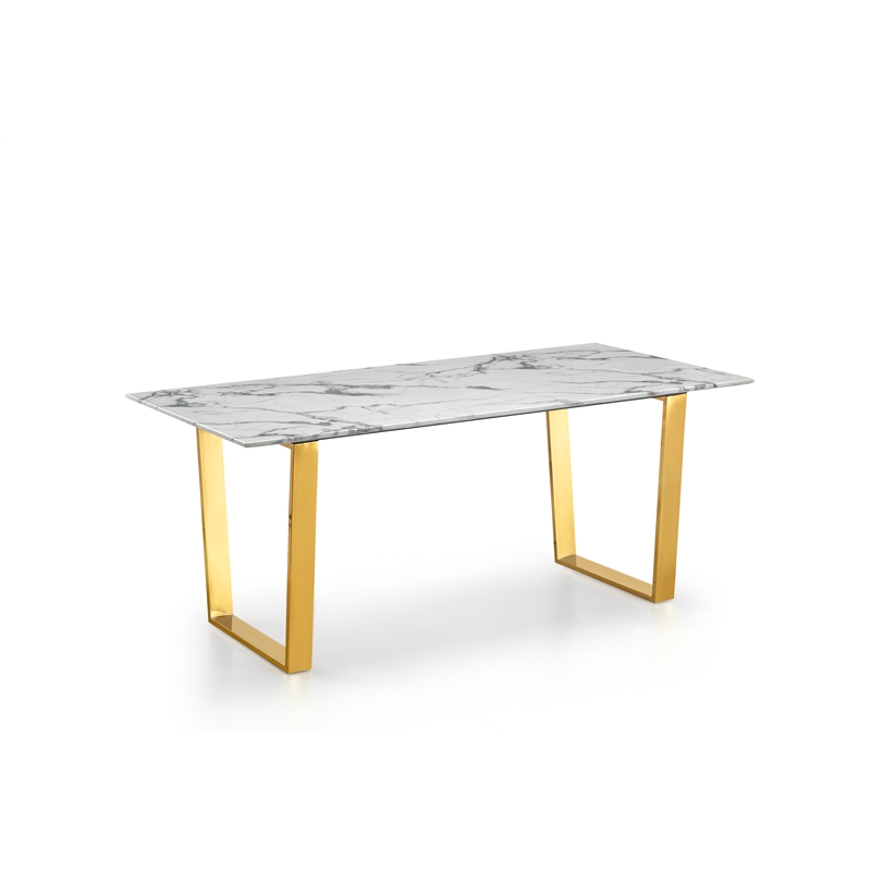 Modern Marble Pattern Dining Table With Gold Stainless Steel Base In Grey White