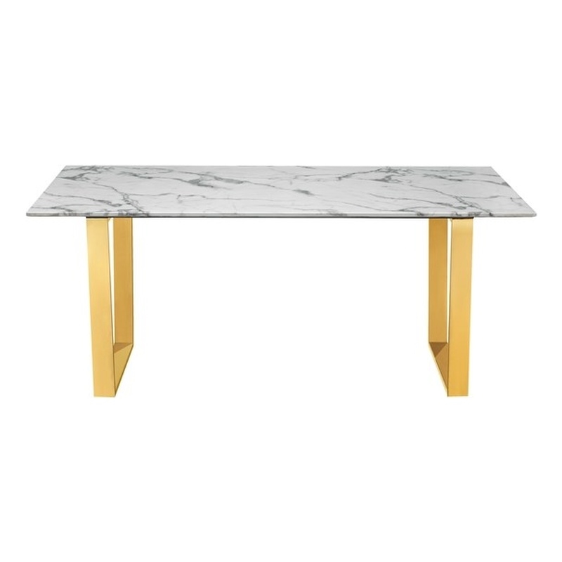 Modern Marble Pattern Dining Table With Gold Stainless Steel Base In Grey White