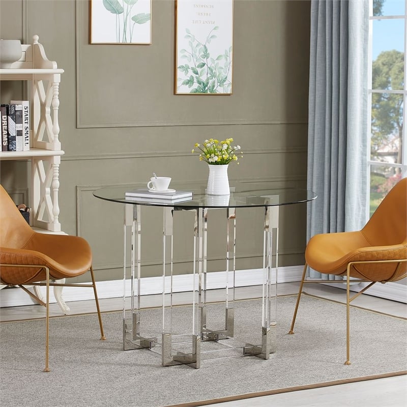 Round Glass Dining Table with Clear Acrylic Base and Chrome Frame