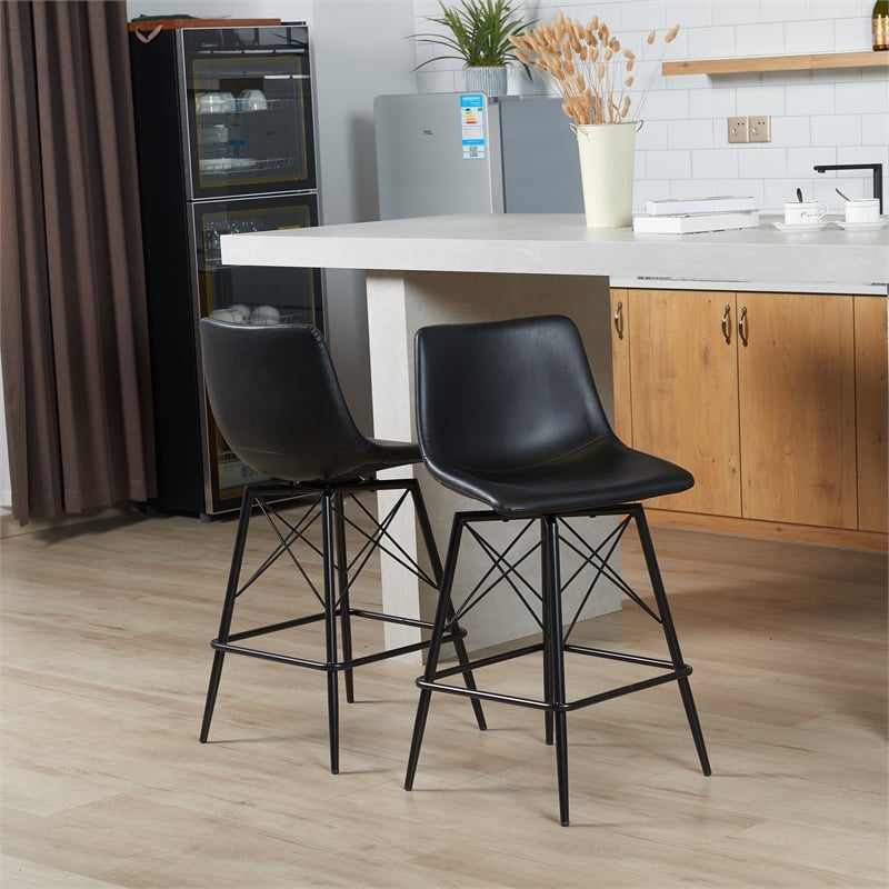Axis Modern Swivel Counter Stools - Black Faux Leather Upholstery (Set of 2)