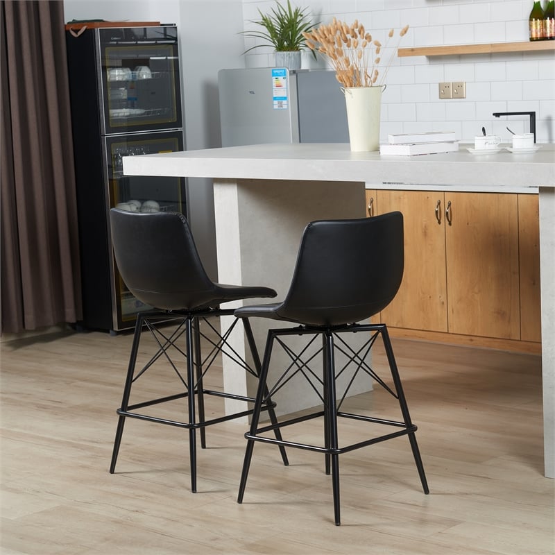 Axis Modern Swivel Counter Stools - Black Faux Leather Upholstery (Set of 2)
