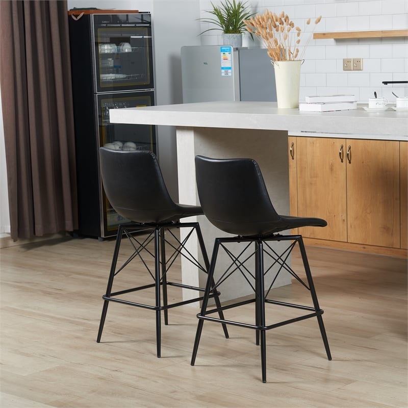 Axis Modern Swivel Counter Stools - Black Faux Leather Upholstery (Set of 2)