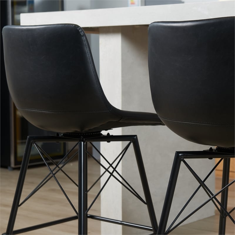 Axis Modern Swivel Counter Stools - Black Faux Leather Upholstery (Set of 2)