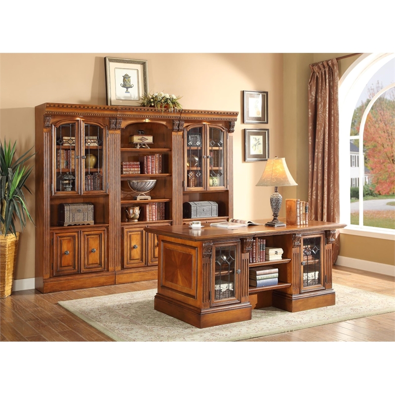 Parker House Huntington Traditional Wood Double Pedestal Executive Desk in Brown