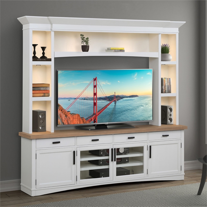 Parker House Americana Modern Wood TV Console with Hutch and LED Lights in White