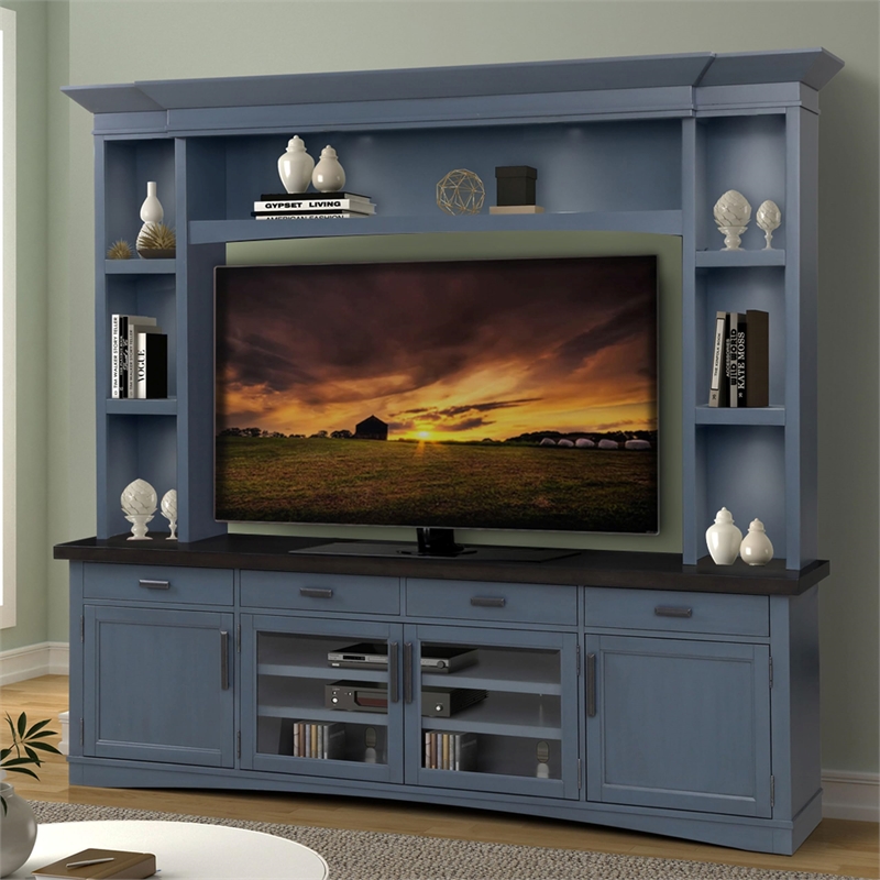Parker House Americana Modern Wood TV Console with Hutch and LED Lights in Denim