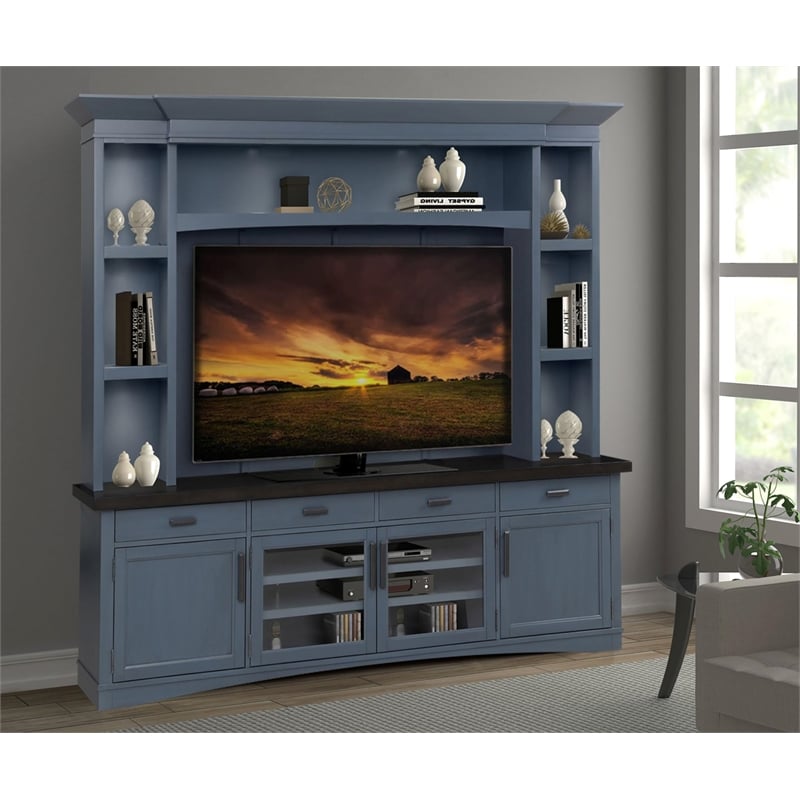 Parker House Americana Modern Wood TV Console with Hutch Back Panel in Denim