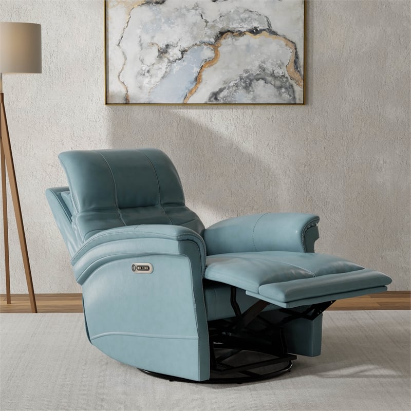 Parker Living Carnegie Leather Power Cordless Swivel Glider Recliner in Blue