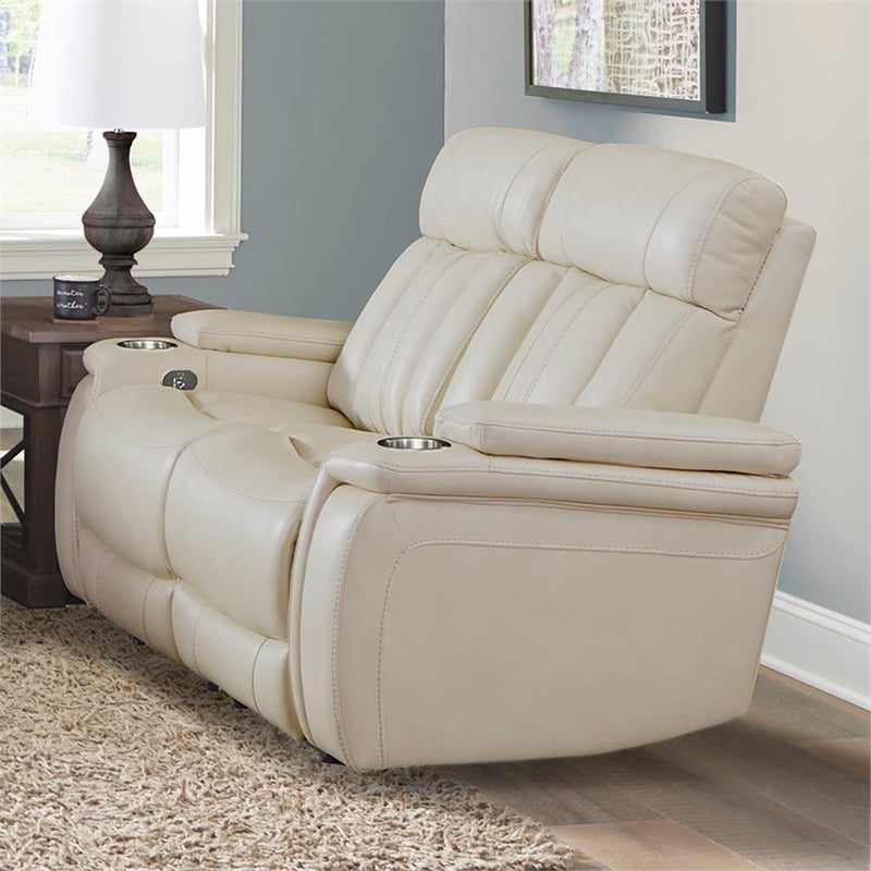 Parker Living Royce Leather Fabric Power Loveseat in Fantom Ivory White