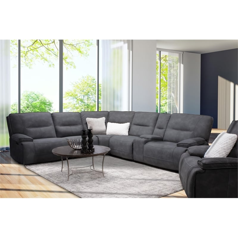 Parker Living Gladiator Faux Leather Power Reclining Sectional in Charcoal
